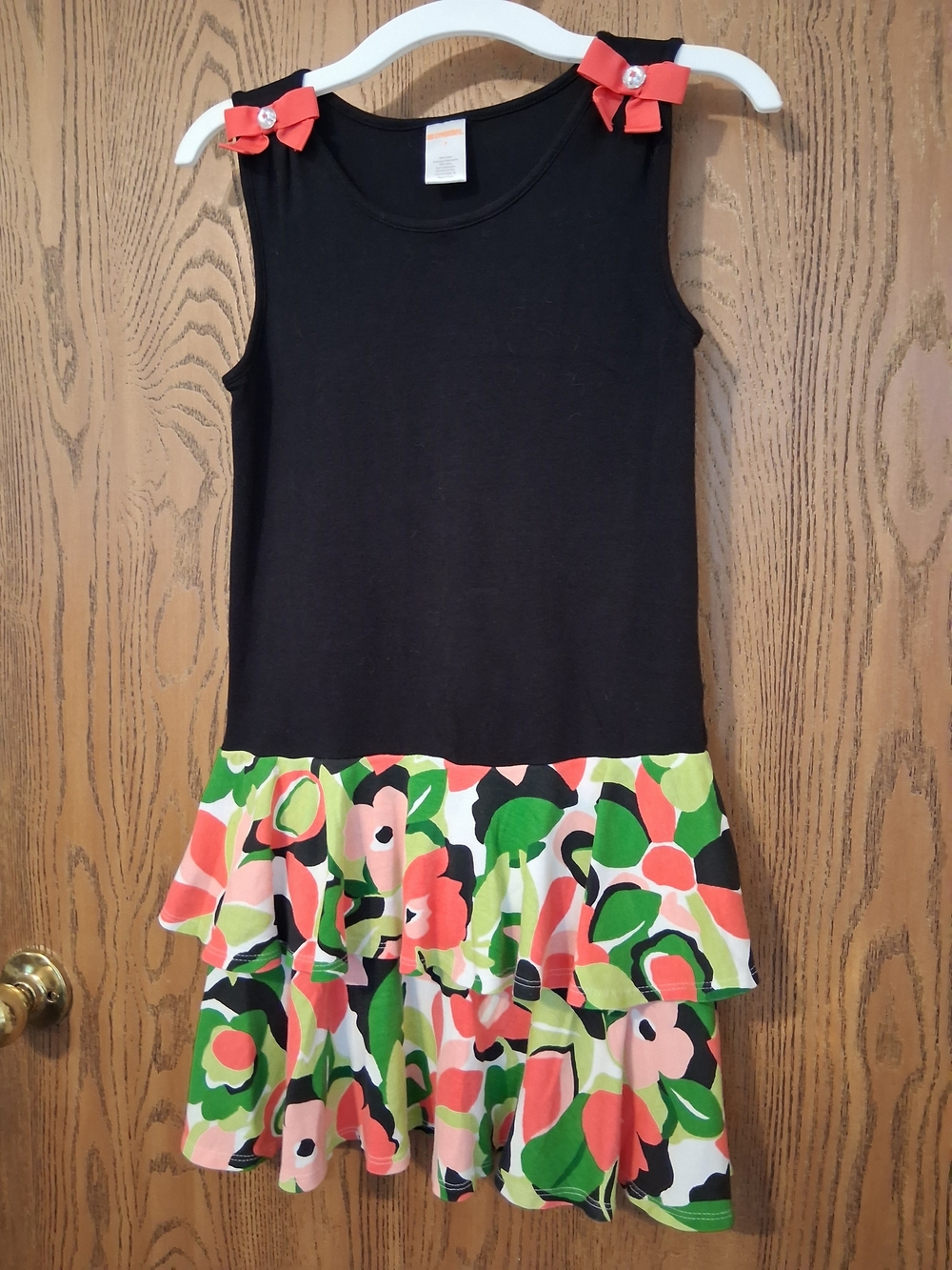 Gymboree Black Dress with Coral, Green and White Floral Ruffles